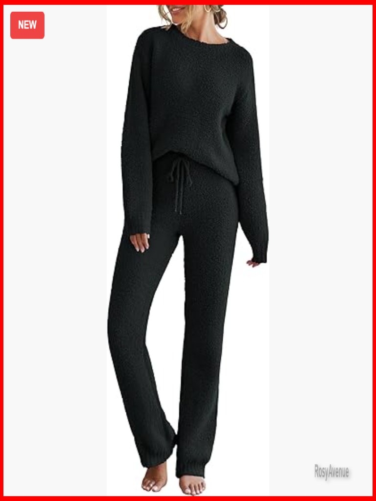 Fuzzy Fleece 2 Piece Lounge Set Long Sleeve Crew Neck Sweater Pajamas